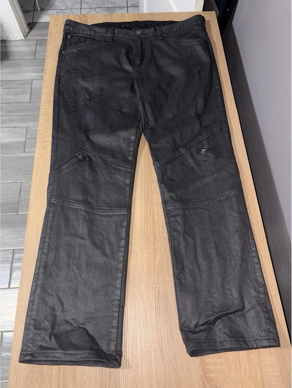 Affliction Black Moto Biker Jeans 36 Distressed Zipper Coated Denim Rock Y2K